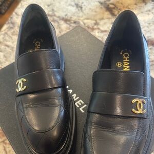 Chanel Black Leather Loafers with Gold Accents